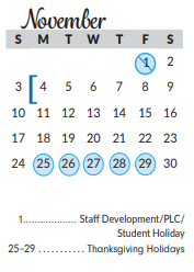 District School Academic Calendar for Excel Academy (murworth) for November 2019