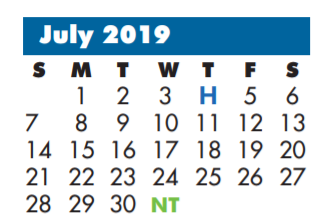 District School Academic Calendar for Juan Seguin Elementary for July 2019