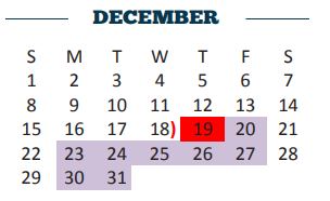 District School Academic Calendar for Cameron Co J J A E P for December 2019