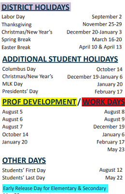 District School Academic Calendar Legend for Long Elementary