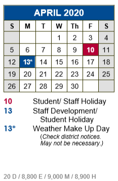 District School Academic Calendar for Science Hall Elementary School for April 2020