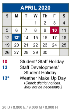 District School Academic Calendar for Alter Impact Ctr for April 2020