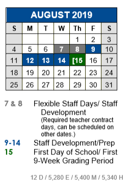 District School Academic Calendar for Alter Impact Ctr for August 2019
