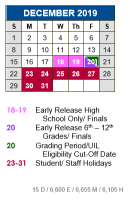 District School Academic Calendar for Blanco Vista Elementary for December 2019