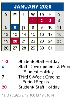 District School Academic Calendar for Science Hall Elementary School for January 2020