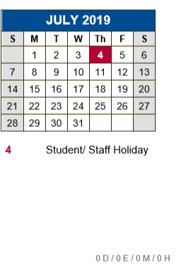 District School Academic Calendar for R C Barton Middle School for July 2019