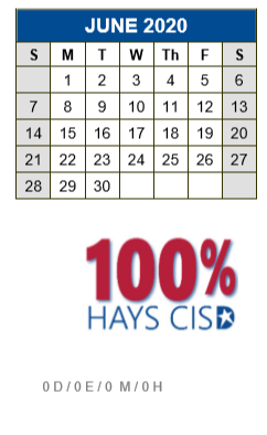 District School Academic Calendar for Academy At Hays for June 2020