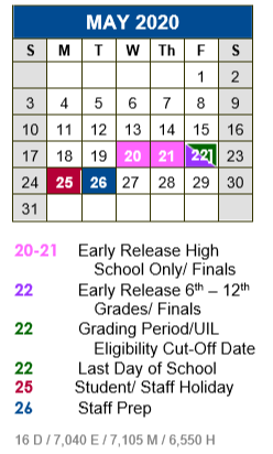 District School Academic Calendar for Academy At Hays for May 2020