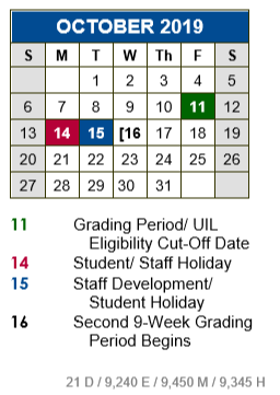 District School Academic Calendar for Academy At Hays for October 2019