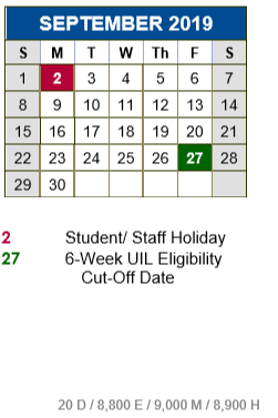 District School Academic Calendar for Academy At Hays for September 2019