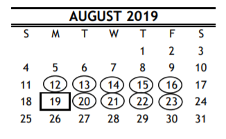 District School Academic Calendar for Durkee Elementary for August 2019