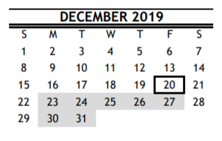 District School Academic Calendar for Bonham/neff/white/sharpstown for December 2019