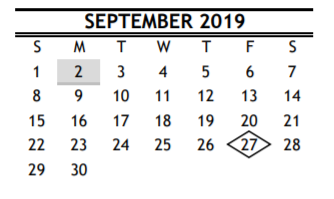 District School Academic Calendar for Young Elementary for September 2019