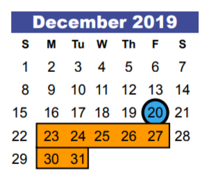 District School Academic Calendar for Early Learning Wing for December 2019
