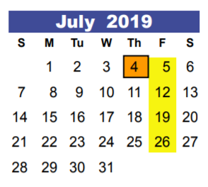 District School Academic Calendar for Jack M Fields Sr Elementary for July 2019