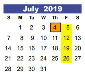 District School Academic Calendar for Oaks Elementary for July 2019