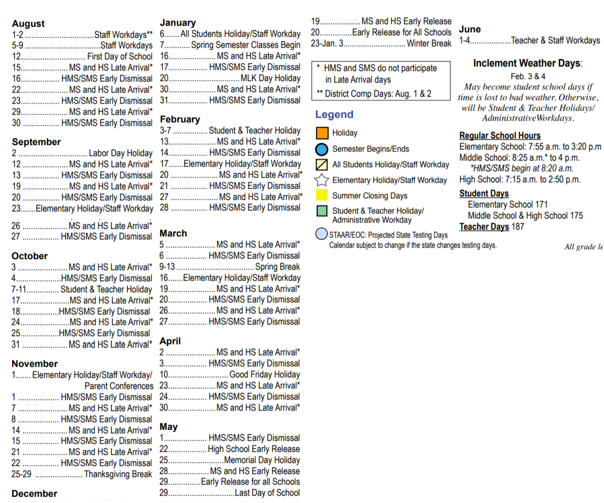 District School Academic Calendar Key for Atascocita Middle