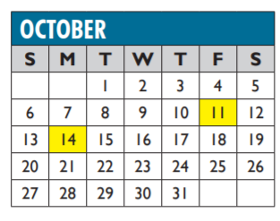 District School Academic Calendar for Union Bower Center For Learning for October 2019