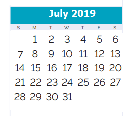 District School Academic Calendar for Jefferson Elementary School for July 2019
