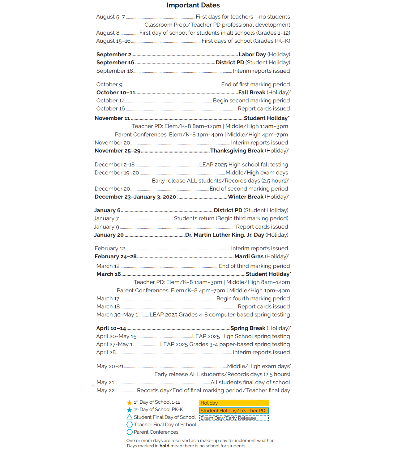 District School Academic Calendar Key for L.H. Marrero Middle School