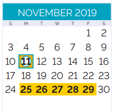 District School Academic Calendar for Woodland West Elementary School for November 2019