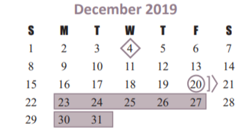 District School Academic Calendar for Project Tyke for December 2019