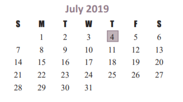 District School Academic Calendar for Franz Elementary for July 2019