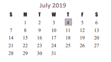 District School Academic Calendar for West Memorial Junior High for July 2019