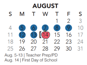 District School Academic Calendar for New Elementary for August 2019