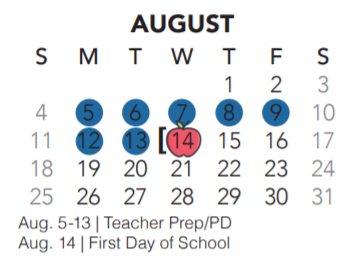 District School Academic Calendar for Bluebonnet Elementary School for August 2019