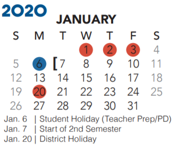 District School Academic Calendar for New Direction Lrn Ctr for January 2020