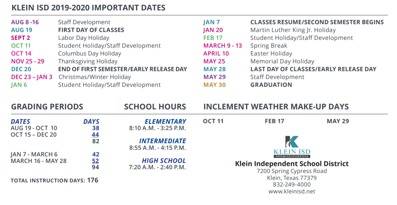 District School Academic Calendar Key for Kleb Intermediate