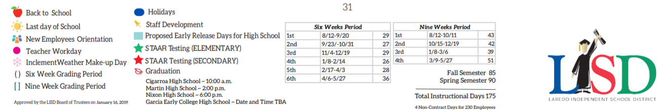 District School Academic Calendar Key for F S Lara Academy