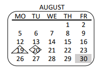 District School Academic Calendar for Westside Leadership Magnet for August 2019