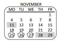 District School Academic Calendar for Young Continuation for November 2019