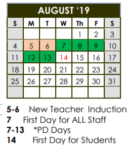 District School Academic Calendar for Bowie Elementary for August 2019