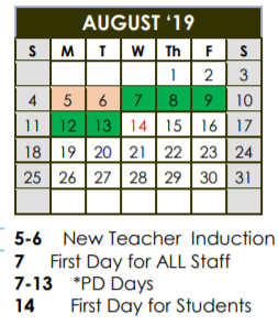District School Academic Calendar for Whiteside Elementary for August 2019