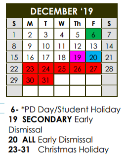 District School Academic Calendar for Coronado High School for December 2019