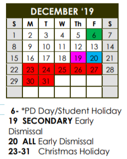 District School Academic Calendar for Harwell Elementary for December 2019