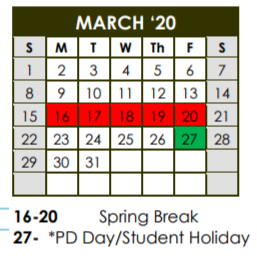 District School Academic Calendar for Martin Early Childhood Ctr for March 2020