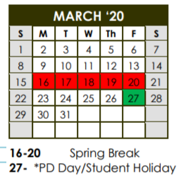 District School Academic Calendar for Mahon Early Childhood Ctr for March 2020