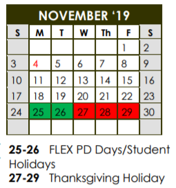 District School Academic Calendar for Homebound for November 2019