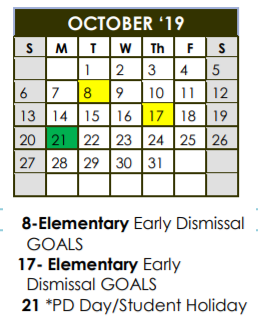 District School Academic Calendar for Irons Middle School for October 2019
