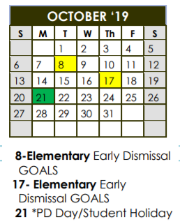 District School Academic Calendar for Honey Elementary for October 2019