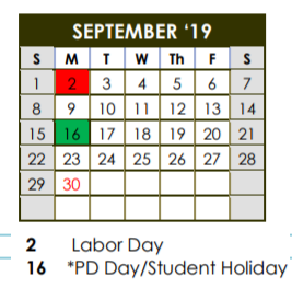 District School Academic Calendar for Rush Elementary for September 2019