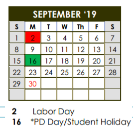 District School Academic Calendar for Mcwhorter Elementary for September 2019