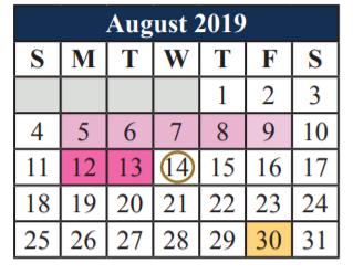 District School Academic Calendar for Elizabeth Smith Elementary for August 2019