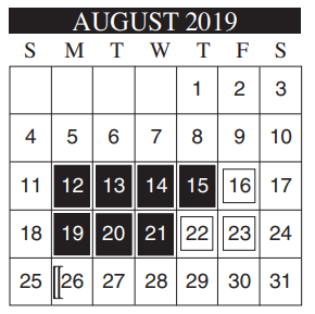 District School Academic Calendar for Instr/guid Center for August 2019