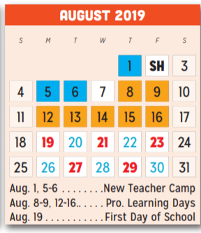 District School Academic Calendar for New Middle School for August 2019