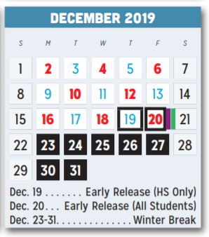 District School Academic Calendar for P A S S Learning Ctr for December 2019